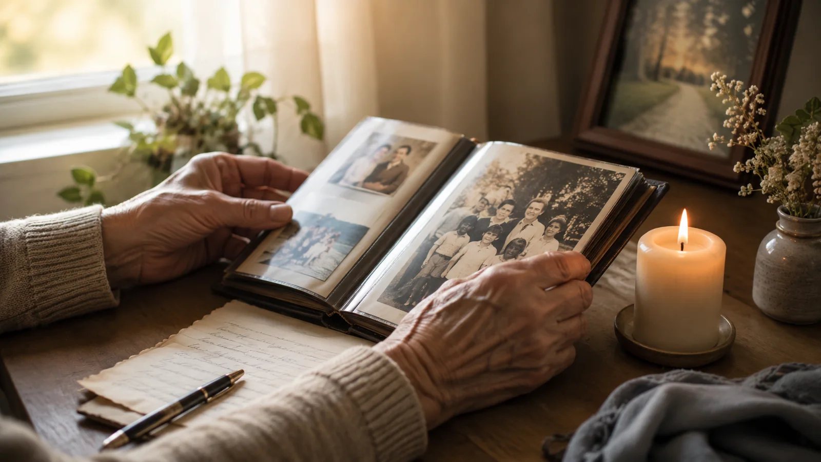 Hands holding a family photo album in a warm home setting